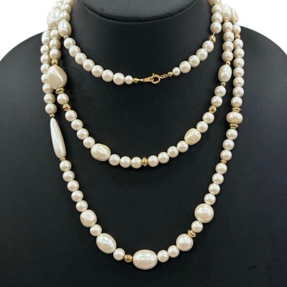 Vintage Long Faux Pearl Necklace Women's 54" Cream Pearls Gold-tone Beads